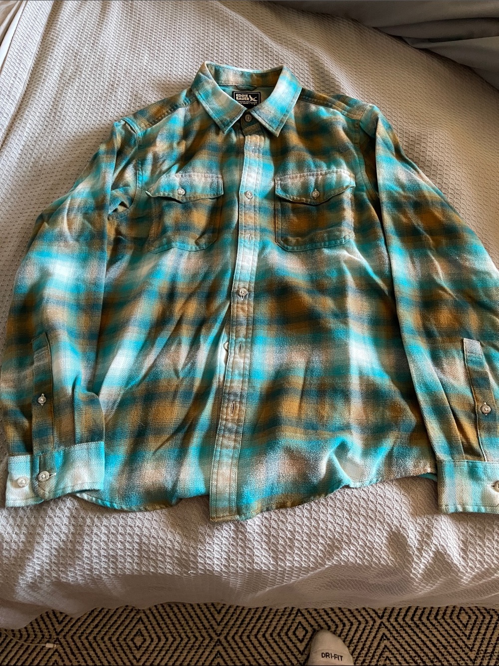 Eddie Bauer Teal and Mustard Plaid Flannel Shirt - Picture 4 of 7